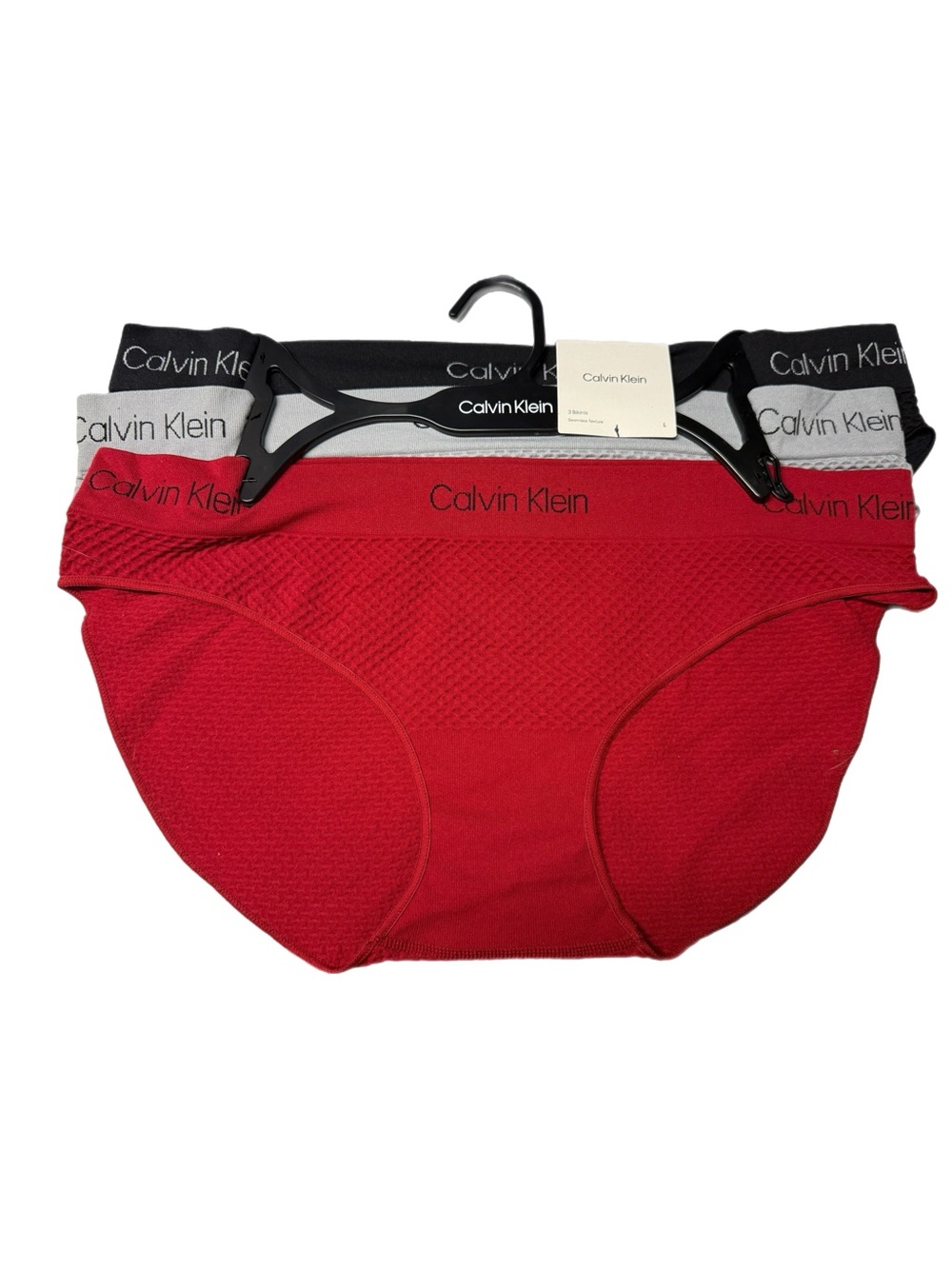 Calvin Klein Seamless Bikini Panties 3 Pack Black Gray Red Large NWT